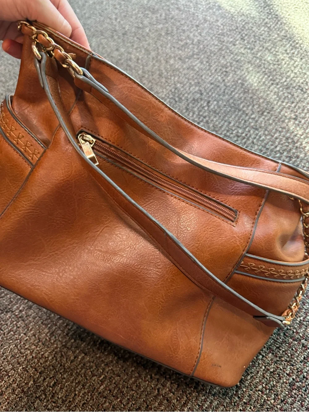 Leather Chain-Accent Shoulder Bag in Cognac